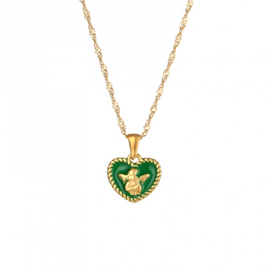 Bild von 304 Edelstahl Stilvoll Halskette Vergoldet Grün Herz Engel Emaille 40cm lang, 1 Strang