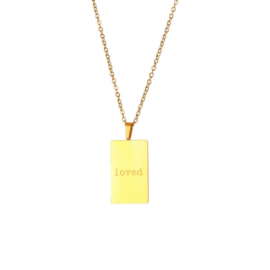Image de Colliers en 304 Acier Inoxydable Élégant Doré Rectangle Vocabulaire Anglais Gravé Mot " LOVED " 40cm Long, 1 Pièce