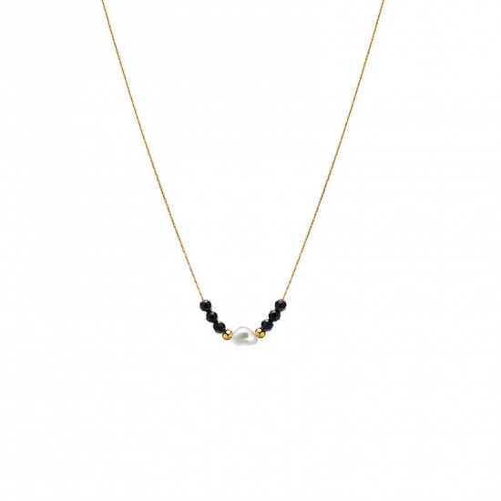 Immagine di Acciaio al titanio Squisito Collana 14k Vero Oro Placcato Nero Cuore Imitata Perla 39.5cm Lunghezza, 1 Pz