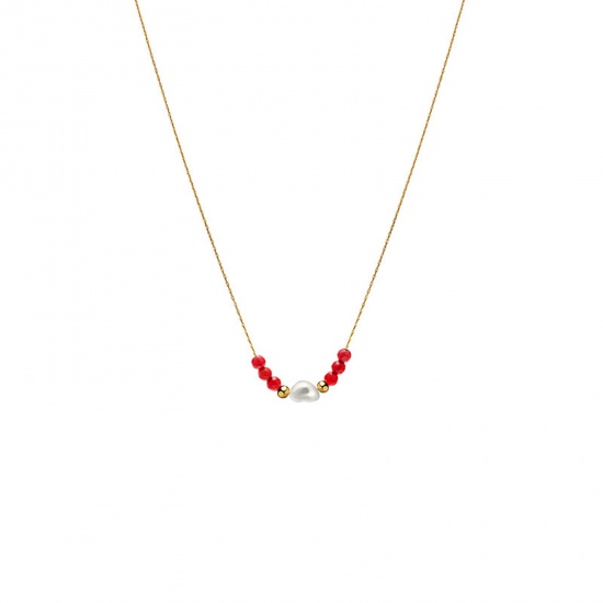 Immagine di Acciaio al titanio Squisito Collana 14k Vero Oro Placcato Rosso Cuore Imitata Perla 39.5cm Lunghezza, 1 Pz