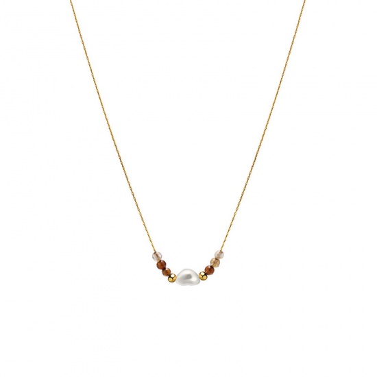 Immagine di Acciaio al titanio Squisito Collana 14k Vero Oro Placcato Marrone Cuore Imitata Perla 39.5cm Lunghezza, 1 Pz