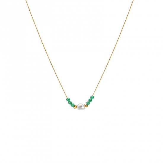 Immagine di Acciaio al titanio Squisito Collana 14k Vero Oro Placcato Verde Cuore Imitata Perla 39.5cm Lunghezza, 1 Pz