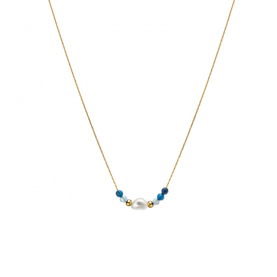 Immagine di Acciaio al titanio Squisito Collana 14k Vero Oro Placcato Blu Cuore Imitata Perla 39.5cm Lunghezza, 1 Pz