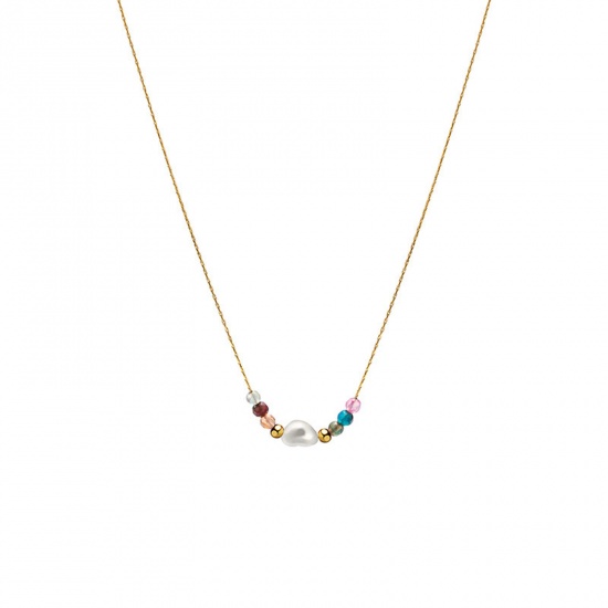 Immagine di Acciaio al titanio Squisito Collana 14k Vero Oro Placcato Multicolore Cuore Imitata Perla 39.5cm Lunghezza, 1 Pz