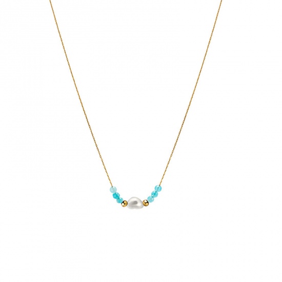 Immagine di Acciaio al titanio Squisito Collana 14k Vero Oro Placcato Blu Chiaro Cuore Imitata Perla 39.5cm Lunghezza, 1 Pz