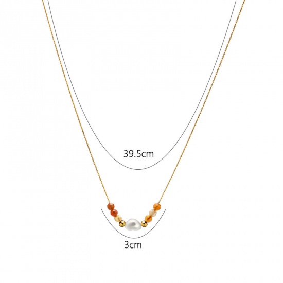 Immagine di Acciaio al titanio Squisito Collana 14k Vero Oro Placcato Arancione Cuore Imitata Perla 39.5cm Lunghezza, 1 Pz