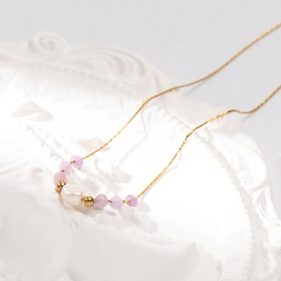 Immagine di Acciaio al titanio Squisito Collana 14k Vero Oro Placcato Lilla Pallido Cuore Imitata Perla 39.5cm Lunghezza, 1 Pz