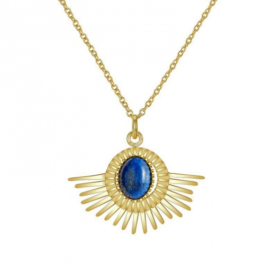 Immagine di Acciaio al titanio Squisito Collana Oro Placcato Blu Scuro Ovale Raggi del Sole 34cm Lunghezza, 1 Pz