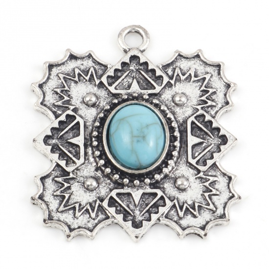 Picture of Zinc Based Alloy Boho Chic Bohemia Pendants Antique Silver Color Green Blue Rhombus Carved Pattern With Resin Cabochons Imitation Turquoise 3.5cm x 3.1cm, 5 PCs