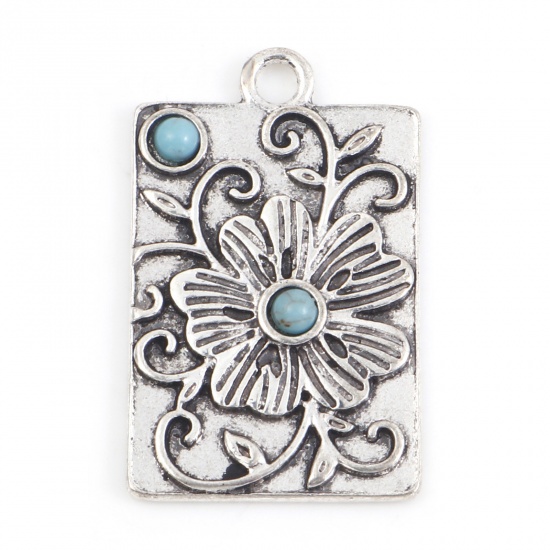Picture of Zinc Based Alloy Boho Chic Bohemia Pendants Antique Silver Color Green Blue Rectangle Flower With Resin Cabochons Imitation Turquoise 3cm x 1.9cm, 5 PCs