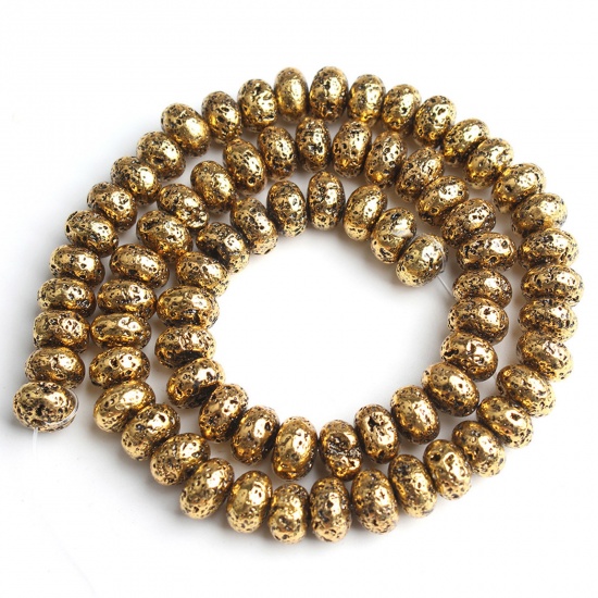 Bild von Lavagestein （ Synthetisch ） Perlen Flachrund Antik Gold ca. 6mm D., 1 Strang (ca. 96 Stück/Strang)