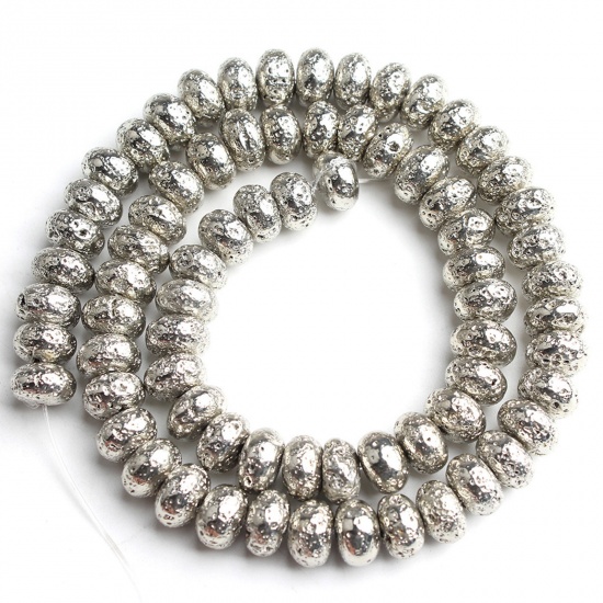 Bild von Lavagestein （ Synthetisch ） Perlen Flachrund Silberfarben ca. 6mm D., 1 Strang (ca. 96 Stück/Strang)