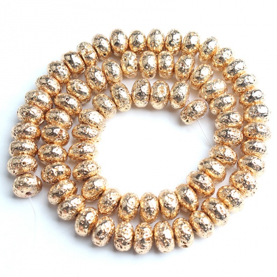Bild von Lavagestein （ Synthetisch ） Perlen Flachrund 14K Gold Plattiert ca. 6mm D., 1 Strang (ca. 96 Stück/Strang)