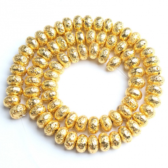 Bild von Lavagestein （ Synthetisch ） Perlen Flachrund 18K Gold plattiert ca. 6mm D., 1 Strang (ca. 96 Stück/Strang)