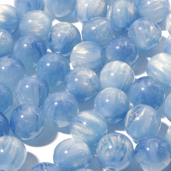Image de Perles en Résine 1 Trou Rond Bleu Aqua Perlaire Imitation Œil de Tigre 12mm Dia, Taille de Trou: 2mm, 10 Pcs