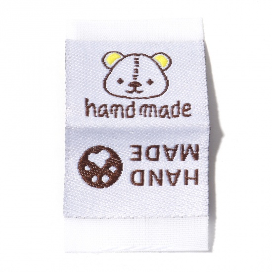 Bild von Terylen Label-Tag für Kleidung Rechteck Weiß , mit Bär Muster, " Hand Made", 4.4cm x 2.4cm , 50 Stück