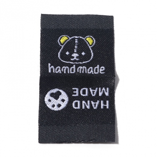 Bild von Terylen Label-Tag für Kleidung Rechteck Schwarz , mit Bär Muster, " Hand Made", 4.4cm x 2.4cm , 50 Stück