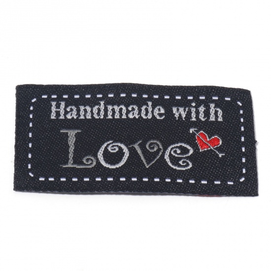 Bild von Terylen Label-Tag für Kleidung Rechteck Schwarz , mit Herz Muster, " Hand Made With Love", 5cm x 2.4cm , 50 Stück
