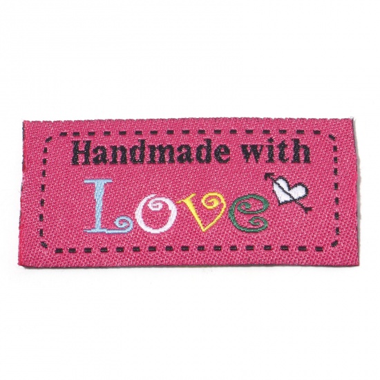 Bild von Terylen Label-Tag für Kleidung Rechteck Rosa , mit Herz Muster, " Hand Made With Love", 5cm x 2.4cm , 50 Stück