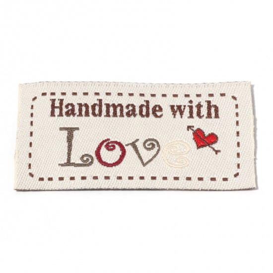 Bild von Terylen Label-Tag für Kleidung Rechteck Beige , mit Herz Muster, " Hand Made With Love", 5cm x 2.4cm , 50 Stück