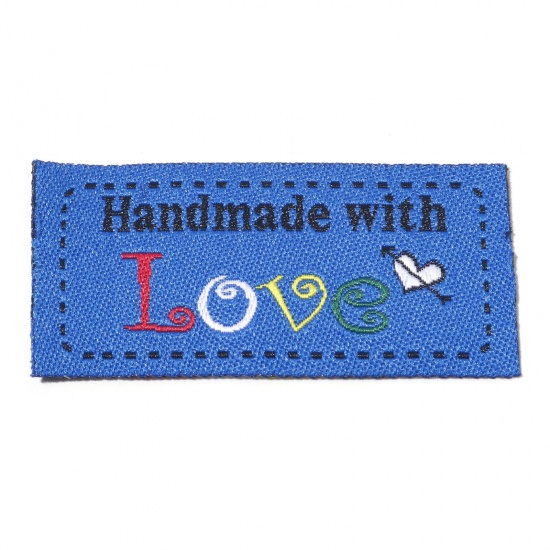 Bild von Terylen Label-Tag für Kleidung Rechteck Blau , mit Herz Muster, " Hand Made With Love", 5cm x 2.4cm , 50 Stück