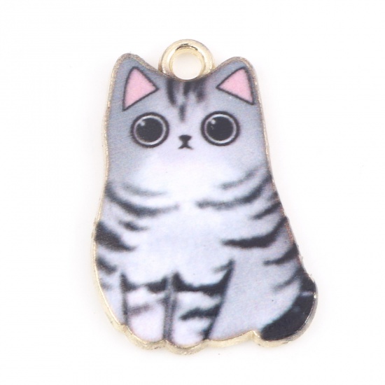 Bild von Zinklegierung Charms Katze Vergoldet Grau Tier Emaille 25mm x 17mm, 10 Stück