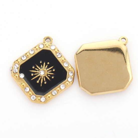 Bild von 304 Edelstahl Charms Raute Schwarz Stern Emaille Transparent Strass 20mm x 15mm, 1 Stück