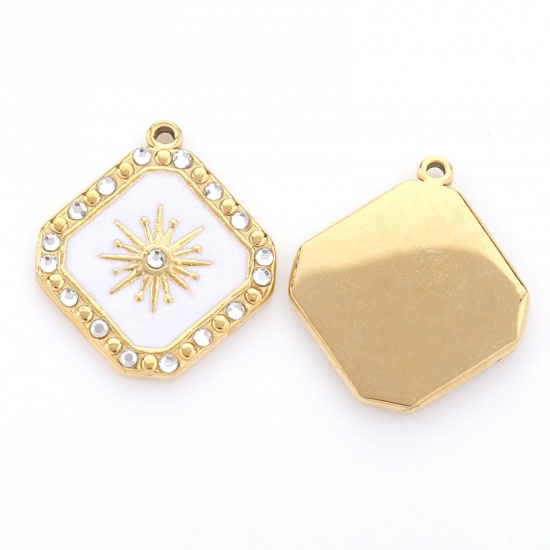 Bild von 304 Edelstahl Charms Raute Weiß Stern Emaille Transparent Strass 20mm x 15mm, 1 Stück