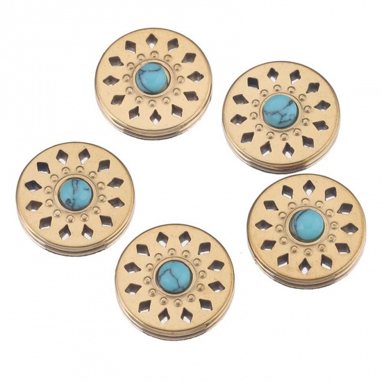 Picture of 304 Stainless Steel Boho Chic Bohemia Charms Gold Plated Round Imitation Turquoise 16mm Dia., 1 Piece