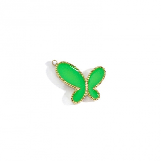 Picture of 304 Stainless Steel Insect Charms Gold Plated Grass Green Butterfly Animal Enamel 18mm x 16.5mm, 1 Piece