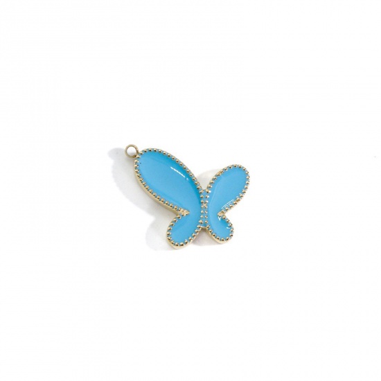 Picture of 304 Stainless Steel Insect Charms Gold Plated Lake Blue Butterfly Animal Enamel 18mm x 16.5mm, 1 Piece