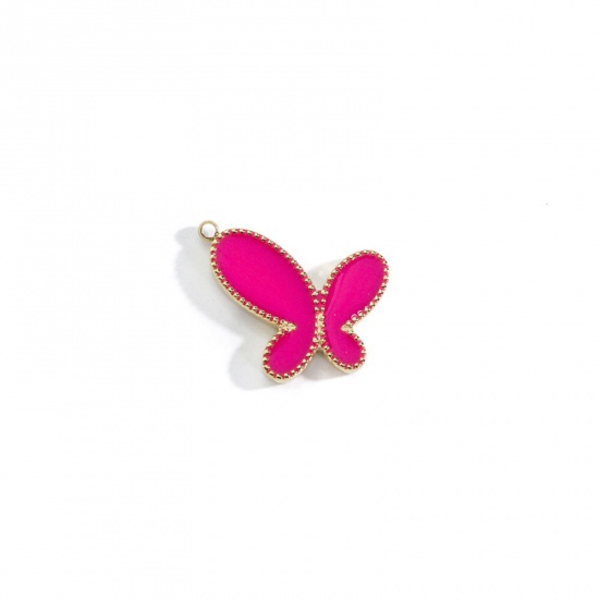 Picture of 304 Stainless Steel Insect Charms Gold Plated Fuchsia Butterfly Animal Enamel 18mm x 16.5mm, 1 Piece