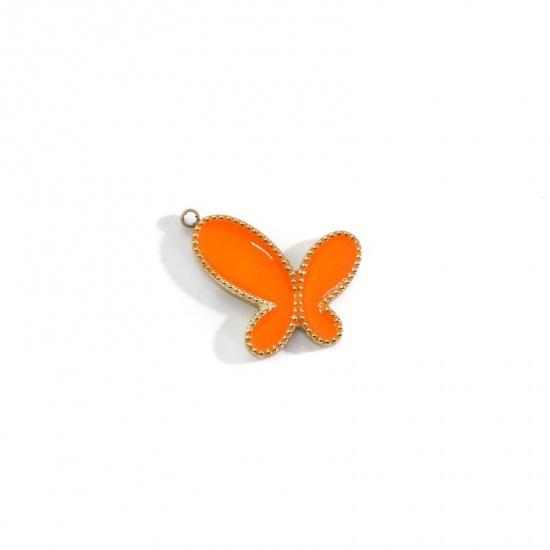 Picture of 304 Stainless Steel Insect Charms Gold Plated Orange Butterfly Animal Enamel 18mm x 16.5mm, 1 Piece