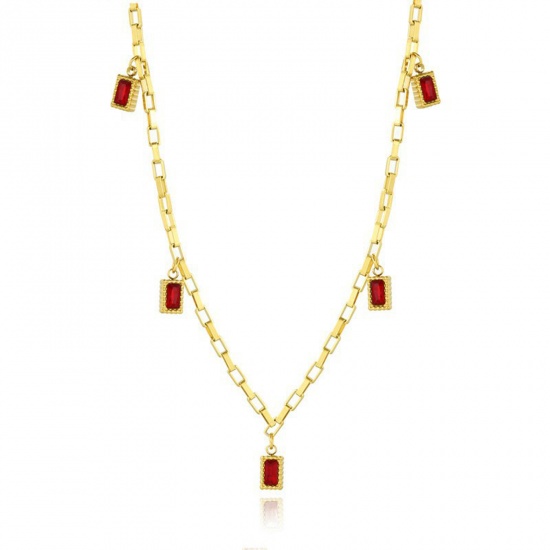 Bild von 304 Edelstahl Stilvoll Halskette Vergoldet Rechteck Rot Strass 40cm lang, 1 Strang