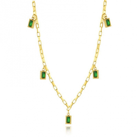 Bild von 304 Edelstahl Stilvoll Halskette Vergoldet Rechteck Grün Strass 40cm lang, 1 Strang