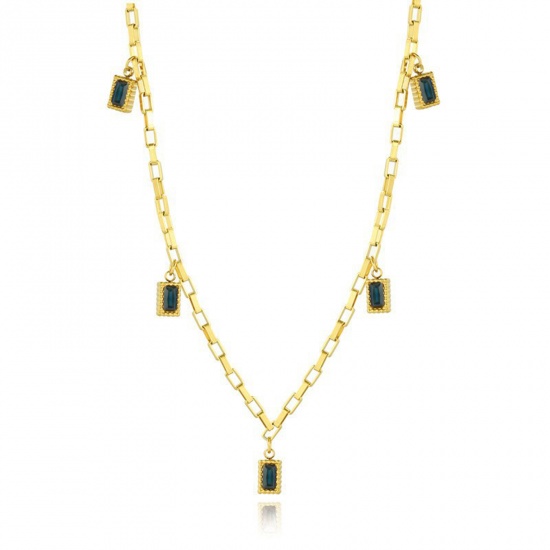 Bild von 304 Edelstahl Stilvoll Halskette Vergoldet Rechteck Dunkelgrün Strass 40cm lang, 1 Strang