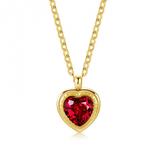 Bild von 304 Edelstahl Valentinstag Halskette Vergoldet Herz Rot Zirkon 40cm lang, 1 Strang