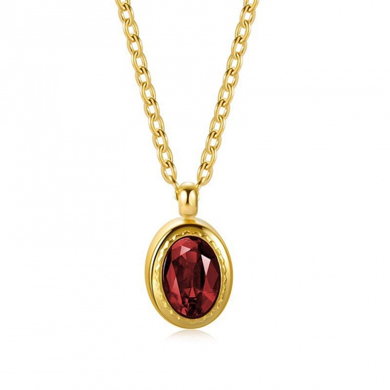 Bild von 304 Edelstahl Stilvoll Halskette Vergoldet Oval Rot Zirkon 40cm lang, 1 Strang