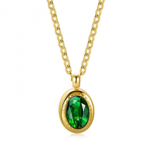 Bild von 304 Edelstahl Stilvoll Halskette Vergoldet Oval Grün Zirkon 40cm lang, 1 Strang