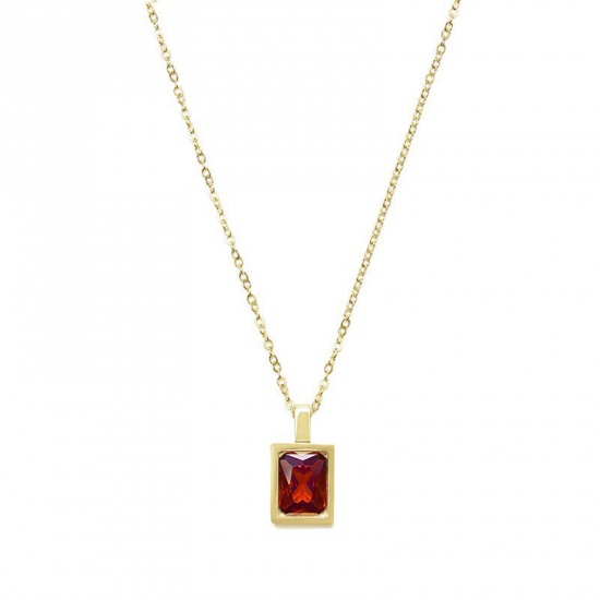 Bild von 304 Edelstahl Stilvoll Halskette Vergoldet Rechteck Rot Zirkon 40cm lang, 1 Strang