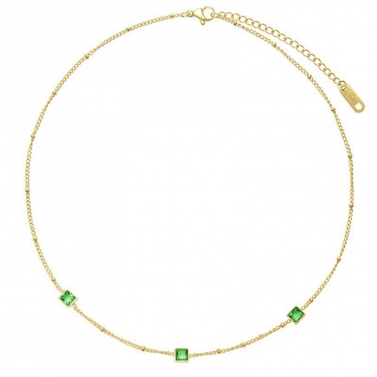 Bild von 304 Edelstahl Stilvoll Halskette Vergoldet Quadrat Grün Zirkon 40cm lang, 1 Strang