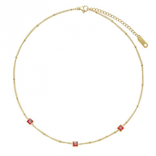 Bild von 304 Edelstahl Stilvoll Halskette Vergoldet Quadrat Rot Zirkon 40cm lang, 1 Strang