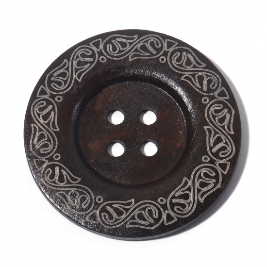 Picture of Wood Sewing Buttons Scrapbooking 4 Holes Round Dark Coffee Carved Pattern 6cm Dia., 10 PCs