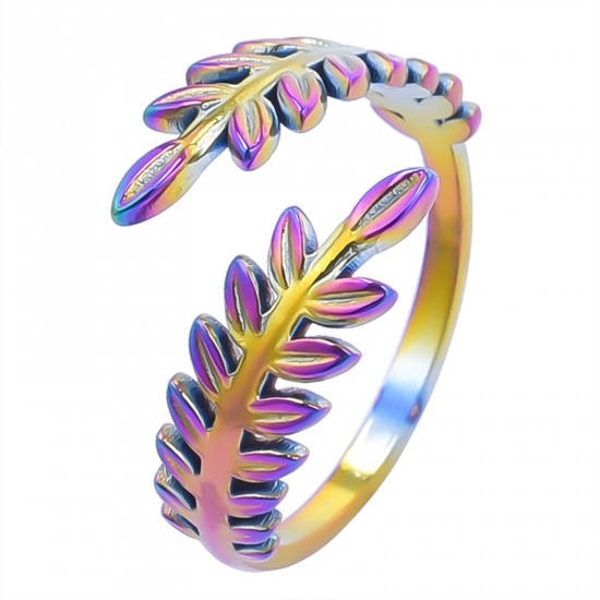 Bild von 304 Edelstahl Stilvoll Offen Verstellbar Ring Regenbogenfarbe Plattiert Weizenähre 17mm (US Größe 6.5), 1 Stück