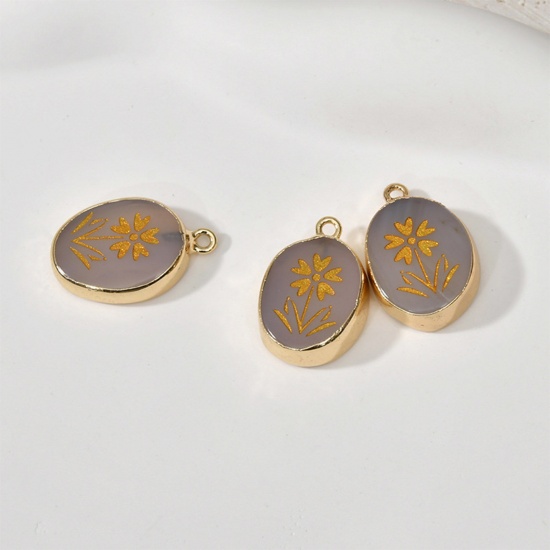 Bild von (Klasse B) Achat ( Natur/Gefärbt ) Charms Oval Vergoldet Beige Blumen 24mm x 16mm, 1 Stück