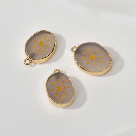 Bild von (Klasse B) Achat ( Natur/Gefärbt ) Charms Oval Vergoldet Beige Sonne 24mm x 16mm, 1 Stück