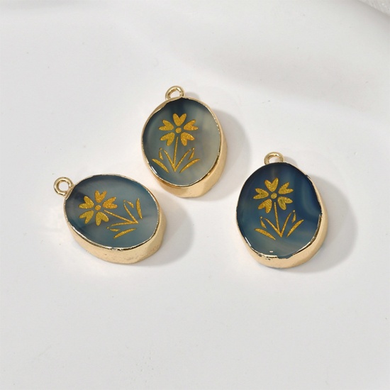 Bild von (Klasse B) Achat ( Natur/Gefärbt ) Charms Oval Vergoldet Blau Blumen 24mm x 16mm, 1 Stück