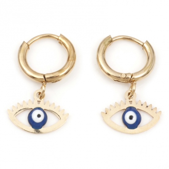 Immagine di 304 Acciaio Inossidabile Religione orecchino cerchio Oro Placcato Bianco & Blu Occhi Malocchio Smalto 23mm x 12mm, Posta / Filo Dimensione: (18 misura), 1 Paio