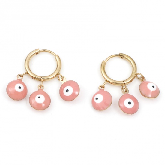 Immagine di 304 Acciaio Inossidabile Religione orecchino cerchio Oro Placcato Bianco & Rosa Tondo Malocchio Smalto 26mm x 22mm, Posta / Filo Dimensione: (18 misura), 1 Paio