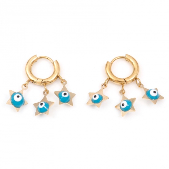 Immagine di 304 Acciaio Inossidabile Religione orecchino cerchio Oro Placcato Bianco & Blu Stella a Cinque Punte Malocchio Smalto 26mm x 22mm, Posta / Filo Dimensione: (18 misura), 1 Paio